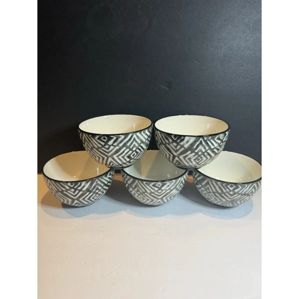 Pier 1 Black White Geometric Bowls Set of 5 Tribal Aztec 5.5